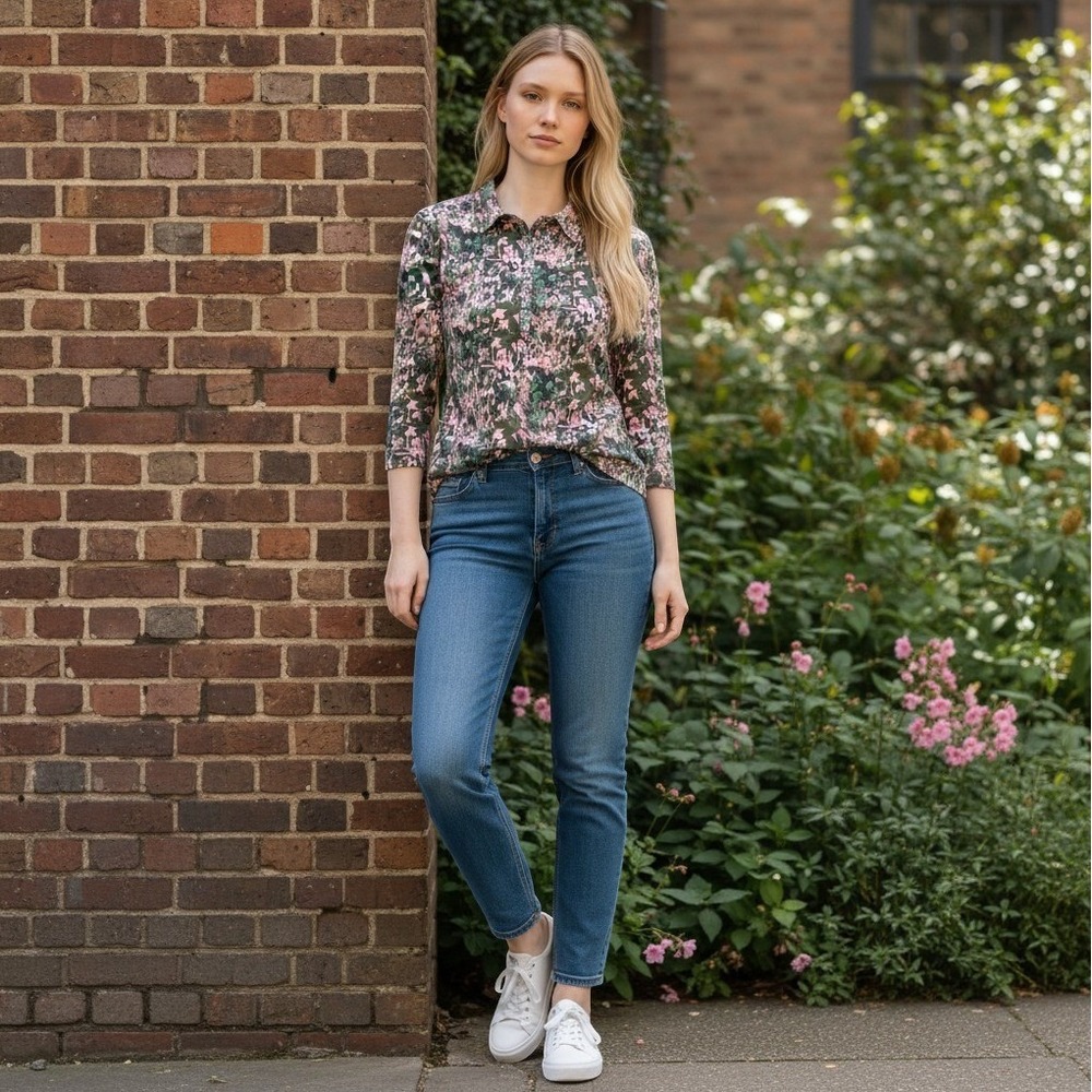 Daily Sports Sweden Pink Green Abstract Floral Leopard Print Golf Polo Top Small